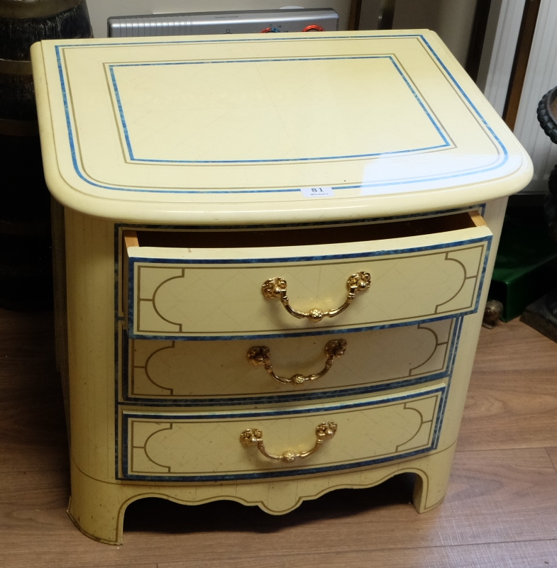 Matching Pair of 3-drawer Bedside Lockers, cream with lapis lazuli style inlay, brass handles,