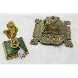 Ornately decorated Brass Ink Well Stand and brass and gilt classical bust table ornament (2)