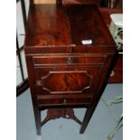 19thC Mahogany Wash Stand, the hinged fold out top over a cabinet and a drawer, with stretcher
