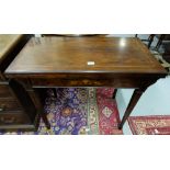 WMIV Rosewood Card Table, inlaid with satinwood, fold-over, on tapered legs, green interior, 34”w