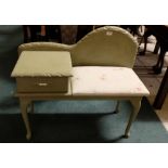 Telephone table, painted Farrow & Ball green, with floral covered padded seats, 33”w