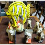 Group of ornaments – pair chickens, pair bookends, 3 dogs & large fish, painted yellow (8)