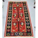 Afghanistan Kilim Red Ground Floor Rug with multiple patterned borders, 30” x 56”