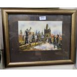 Watercolour of St. Charles Bridge, Prague, signed by the artist, in gold tinted frame.