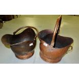 Similar Pair of Copper Coal Scuttles with carrying handles (for polishing)