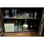 2 shelves of advertising glasses, incl. hiballs, coloured glass bottles etc