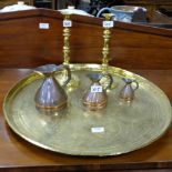 Graduating Set of 3 copper measures, pair of tall brass candlesticks and large benaires brass