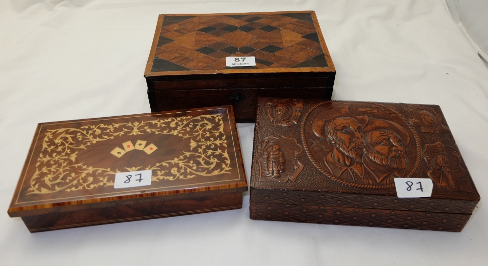 3 small game/cigar boxes – 1 “Wild West”, 1 tunbridge design with costume jewellery contents & 1