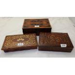 3 small game/cigar boxes – 1 “Wild West”, 1 tunbridge design with costume jewellery contents & 1