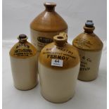 4 stoneware whiskey jars, “Fermoy”, Anti –Curd, Poultry & Doncaster