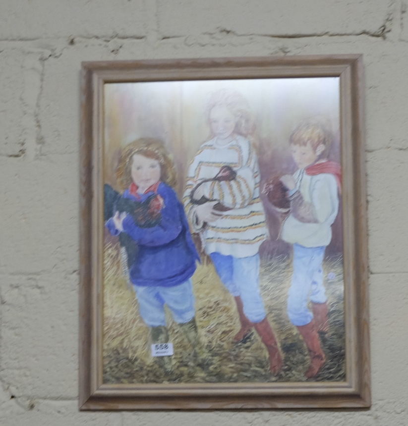 Portrait of 3 children in a farmyard barn – a watercolour in a painted frame & a colour lithograph –