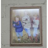 Portrait of 3 children in a farmyard barn – a watercolour in a painted frame & a colour lithograph –