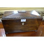 Rosewood Tea Caddy, with plum pudding top, the hinged lid enclosing 3 compartments, on bun feet,