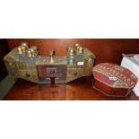 Persian Brass Portable Medicine Dispenser with bottles (reproduction) & walnut cased foot warmer,