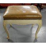 Carved and cream painted dressing stool, on cabriole legs with brown velvet covered cream padded