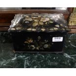 Victorian Papier Mache Table Top Tea Caddy, inlaid with M.O.P., 9”w x 5”h