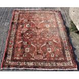 Persian Wool Floor Rug, red ground, with bird patterns, multiple pattern borders, 1.5m x 1m