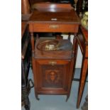 Edwardian Inlaid Mahogany Purdionum, with upper drawer, and lower fall front cabinet, 3ft h x 15.5”