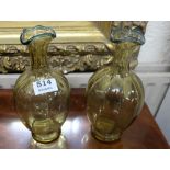 Matching Pair of Victorian Green Glass Vases, bulbous shaped, fluted necks, 8.5”h