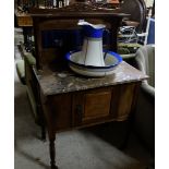 Edw. Walnut Washstand with blue tiled back, marble top (30”w) and pottery Basin & Ewer, blue and