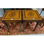 Matching Pair of Inlaid Mahogany Occasional/Lamp Tables, the attractive floral decorated square tops