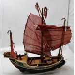 Late 19thC Wooden Model of Pirate Ship, with red cloth sails, 22”w