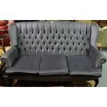High Back Couch, with buttoned back, 3-seater, covered with grey velvet, 65”long, raised on Queen