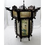 Carved Chinese Style Ornamental Ceiling Lantern, with dragon carvings, inset with painted glass