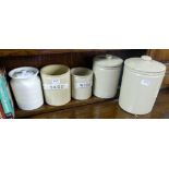 5 ceramic storage jars – 2 with lids “Sago”, “Rice” etc