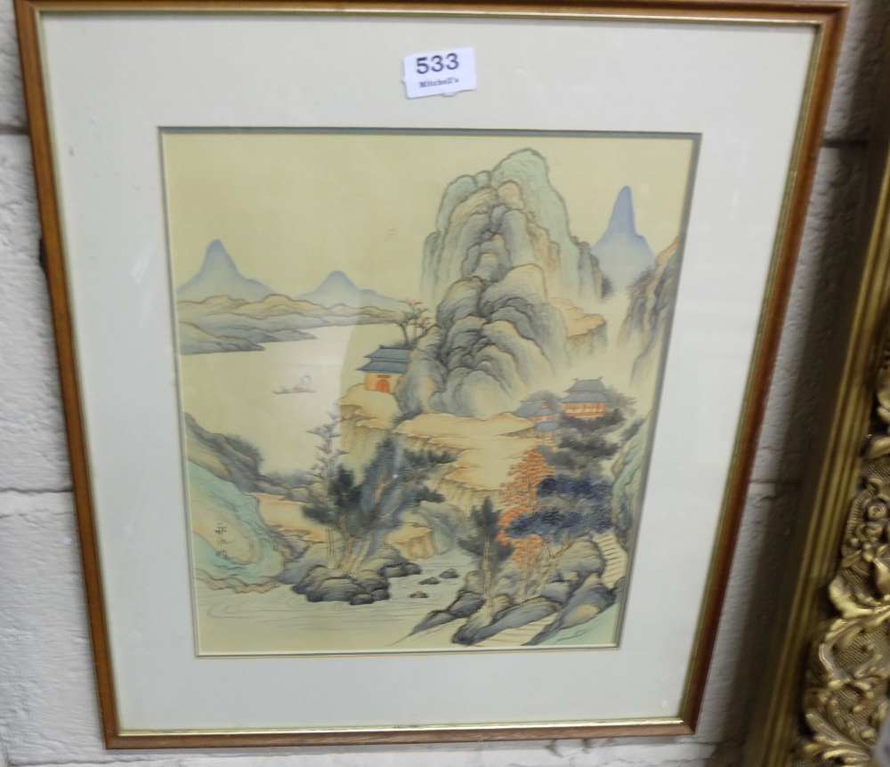 Early 20th C Japanese Watercolour “Mountain Village with River” framed