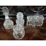 4 Cut Glass Items - Dome Topped Casket, 2 pickle jars, small decanter, all in perfect condition