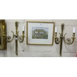 Matching Pair of Regency Style Two-Branch Brass Wall Scones, with ribbon backs, electric, 22”h