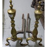 Matching Pair of Brass Fire Dogs, 19thC, with finials, over bulbous stems, each 20”h