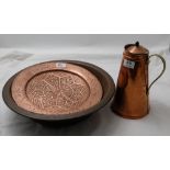 3 copper items – Benson Water Jug, Officers sink & beaten wall plaque.