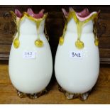 Pair of Opalene Glass Vases, ivory ground with pink interior and gold edged vase necks and gold