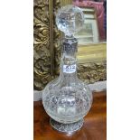 19thC Cut Glass Decanter, square cut, bulbous shaped, with plated bottle neck and round base, and