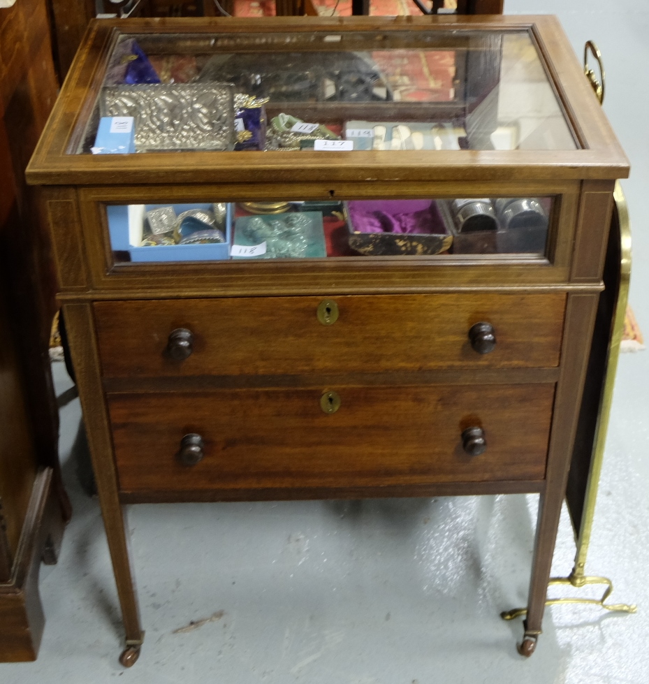 Edwardian Inlaid Mahogany Table Display Cabinet, the hinged glass top and glass sides, over 2