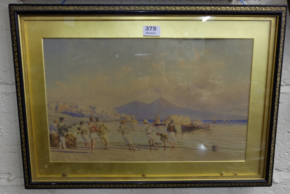 19thC Watercolour, signed P Bello 1892, “Hauling in a boat to Shore”, probably Italian, in ebony