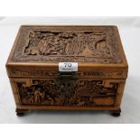 Chinese Carved Wood Letter Box with hinged lid, on 4 raised feet, raised garden scenes with figures,