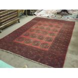 Red Afghan Floor Rug, Bacara Pattern, with large medallion designs and navy hues, multiple pattern