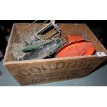 Box of old tilly lamps, 2 salters scales, 2 postal scales & money scales