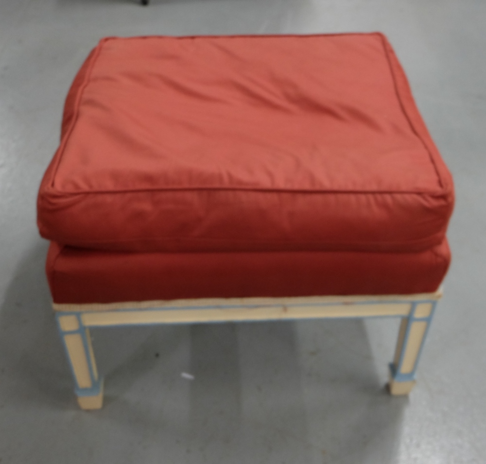 Square Shaped Footstool, on tapered cream and blue painted legs, red fabric covered feather cushion,