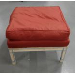 Square Shaped Footstool, on tapered cream and blue painted legs, red fabric covered feather cushion,