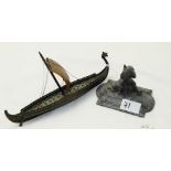 Small brass ornamental Viking boat with copper sail and pewter table ornament – “reading fox” (2)