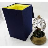 Musical Birds in brass cage with carrying box, 13”h