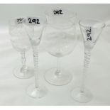 19thC Glassware – Pair of Liquor Glasses on turned stems and 2 etched goblets (4)