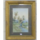 Watercolour – Figure of a Japanese Woman with flower, walking in a country landscape, in pine frame,