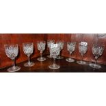 Set of 9 Cut Glass Sherry Glasses, on stems, diamond cut.
