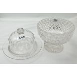 Good quality Cut Glass Bowl on pedestal base & Button Impressed Glass Cheese Dome on Base (2)