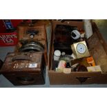 Boxed Lot – brass vending slot, duster, old telephone etc & 2 automatic timing clocks